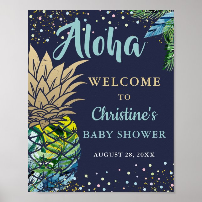 Poster Baby shower bleu marine de la plage d'ananas tropi (Devant)