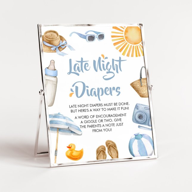 Poster Baby shower Bleu Splish Splash Late Night Diapés (Boy Summer Beach Baby Shower Late Night Diapers Sign)