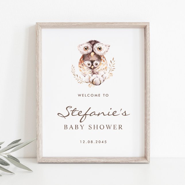 Poster Baby shower Boho Mommy and Baby Owl Welcome (Woodland theme baby shower welcome sign featuring watercolor mommy and baby owl. )