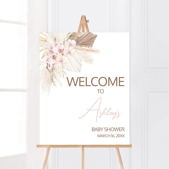 Poster Baby shower Boho Pampas Rose Floral Bienvenue (Girl Pampas Grass Baby Shower Welcome Sign)
