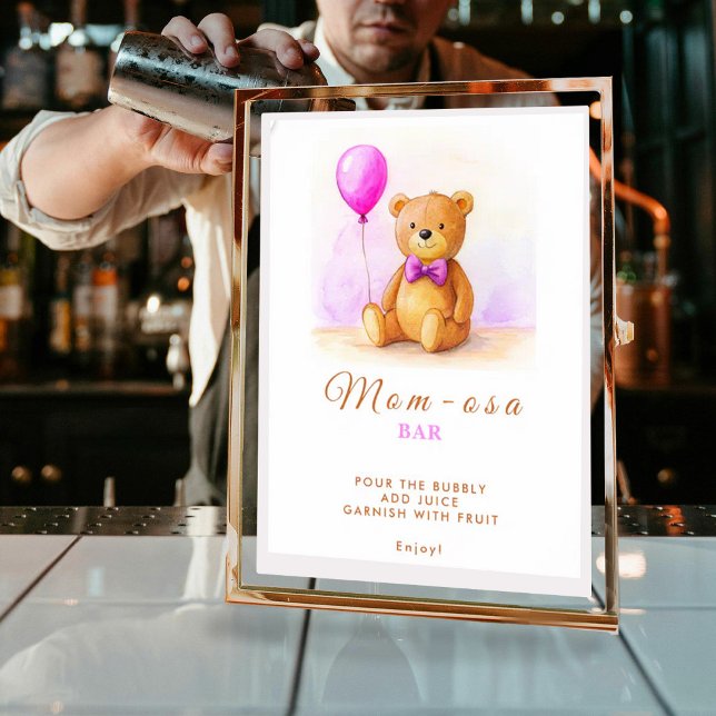 Poster Baby shower Brown Teddy Bear Balloon Pastel Pink (Créateur téléchargé)