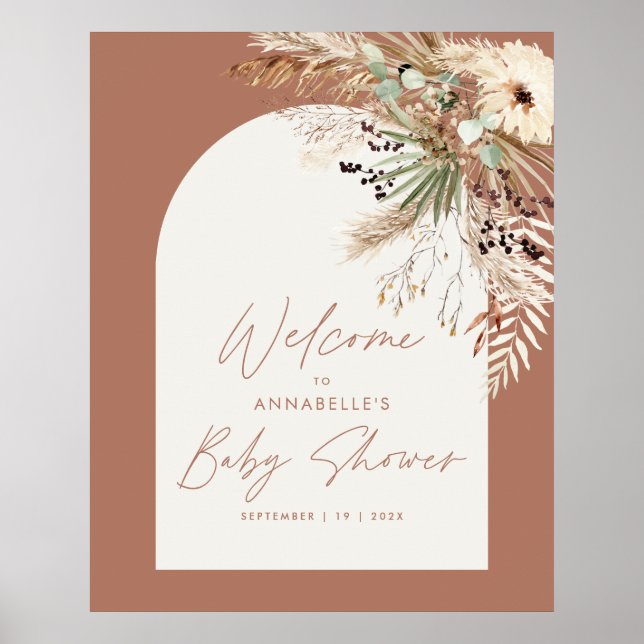 Poster Baby shower budget pampas moderne terre cuite rust (Devant)