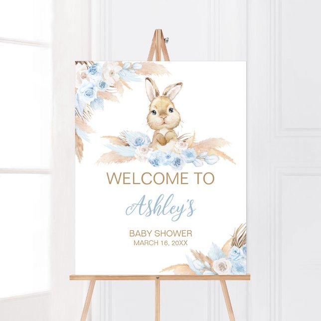 Poster Baby shower Bunny Boho Bleu Bienvenue (Pampas Grass Boy Bunny Baby Shower Welcome Sign)