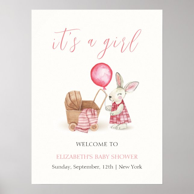 Poster Baby shower Bunny Bunny Pink Stroller Bienvenue (Devant)