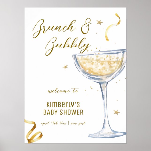Poster Baby shower Champagne de Brunch Elégant Or Bienven (Devant)
