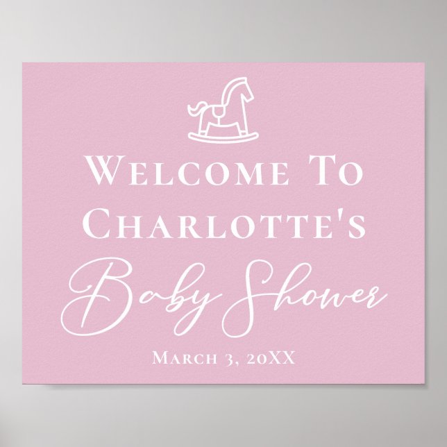Poster Baby shower Cheval Rose Blanc Rocheux Cute (Devant)