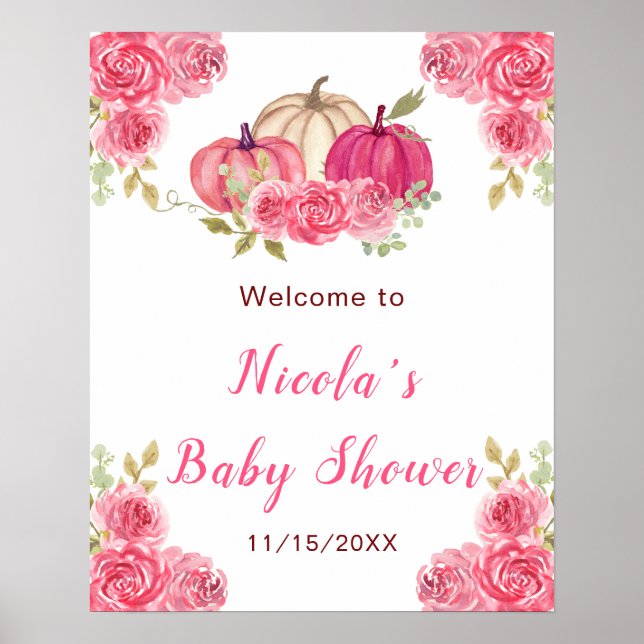 Poster Baby shower Citrouille à chaud PInk Floral (Devant)