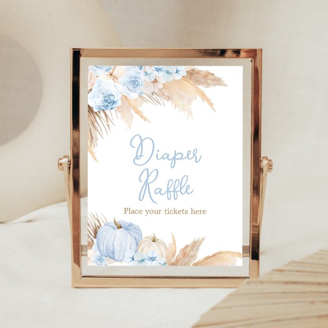Poster Baby shower Citrouille bleu Boho Raffle de couche (Boy Little Pumpkin Baby Shower Diaper Raffle Sign)