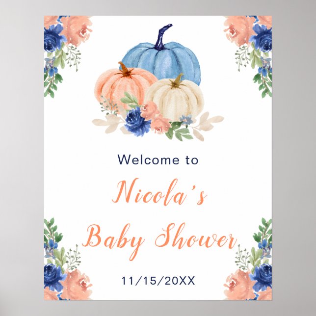 Poster Baby shower Citrouille bleu et bleu marine (Devant)