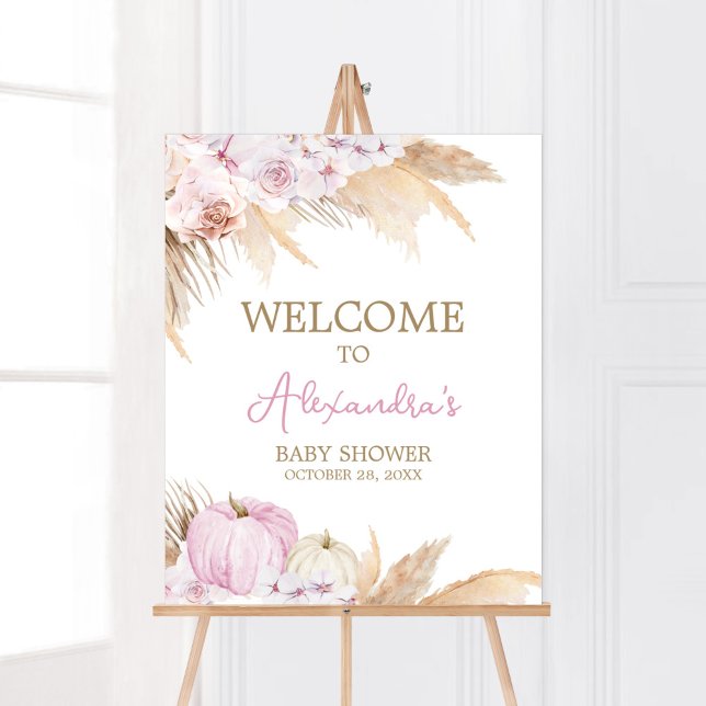 Poster Baby shower Citrouille Boho rose Bienvenue (Boho Pampas Grass Baby Shower Welcome Sign)