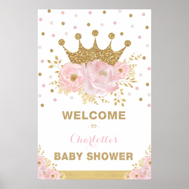 Poster Baby shower Couronne princesse rose Fleur Bienvenu (Devant)