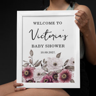 Poster Baby shower d'accueil à la prune blanche