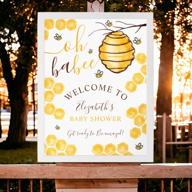 Poster Baby shower d'accueil de la ruche d'abeilles (Cute honeycomb beehive welcome baby shower poster)