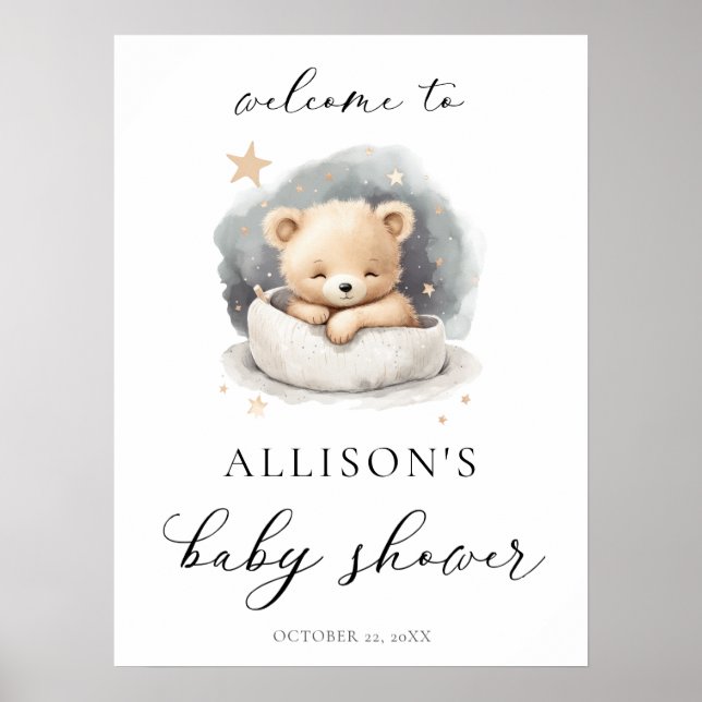 Poster Baby shower d'accueil de l'ours en peluche neutre (Devant)