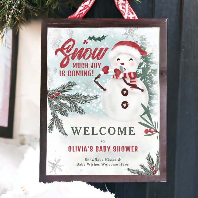 Poster Baby shower d'accueil de snowman de pin vert d'hiv (Winter green pine ice snowman welcome baby shower poster)