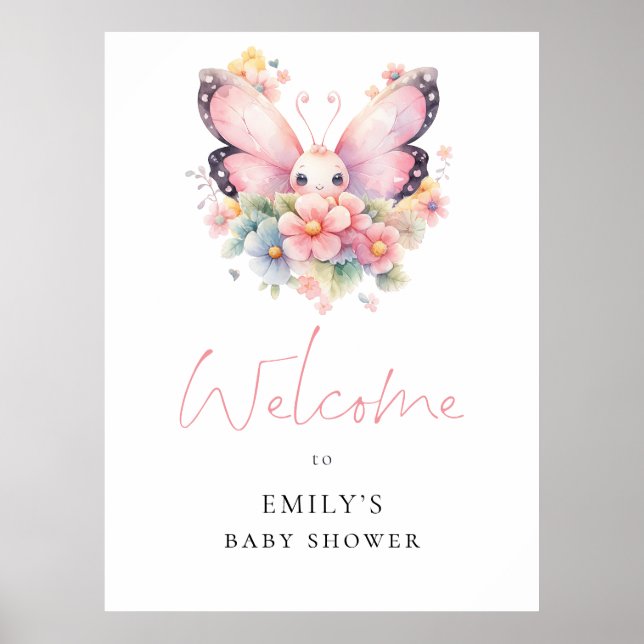 Poster Baby shower d'accueil des fleurs de papillons mode (Devant)