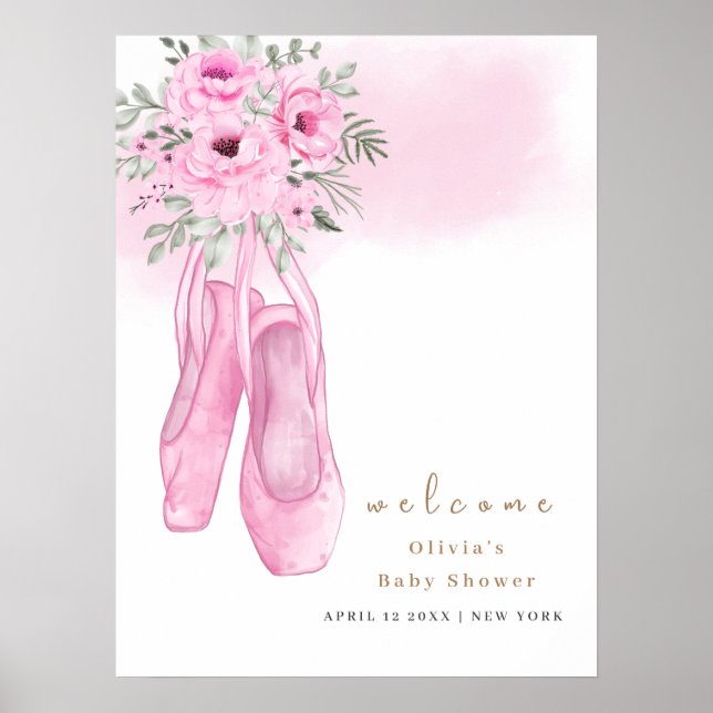 Poster Baby shower d'accueil rose Elegant Floral Ballerin (Devant)