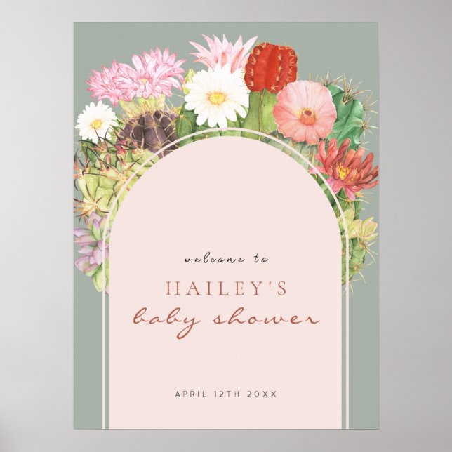 Poster Baby shower d'accueil Sage Green Boho Cactus (Devant)
