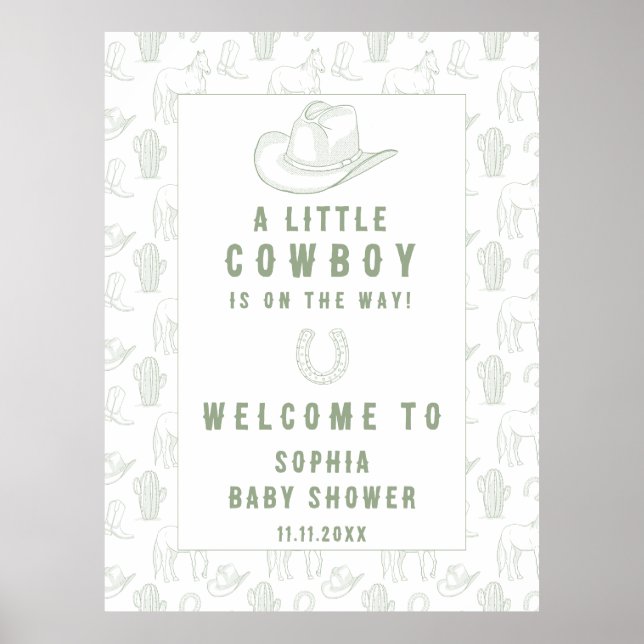 Poster Baby shower d'accueil Toile Green Cowboy (Devant)