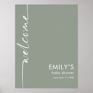 Poster Baby shower d'accueil vert Sage de script pivoté