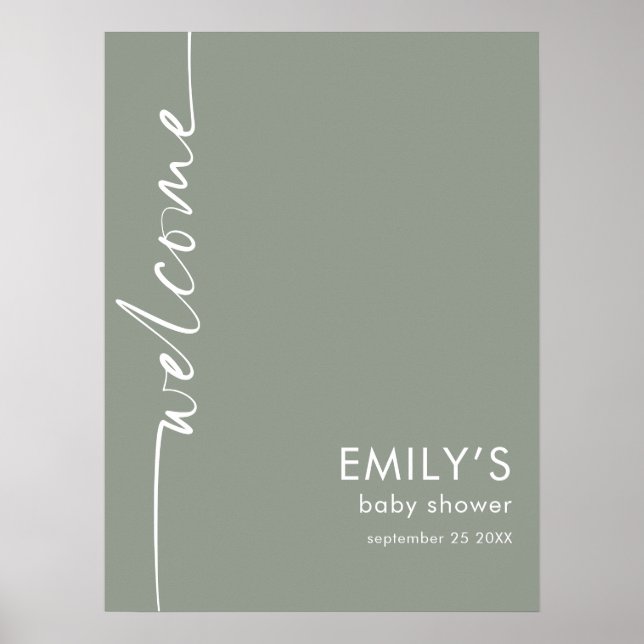 Poster Baby shower d'accueil vert Sage de script pivoté (Devant)
