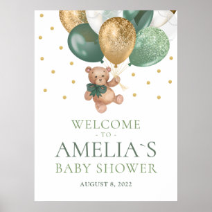 Poster Baby shower d'accueil vert Teddy Bear Sage