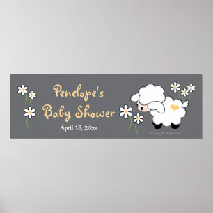 Poster Baby shower d'agneau de coeur gris et jaune