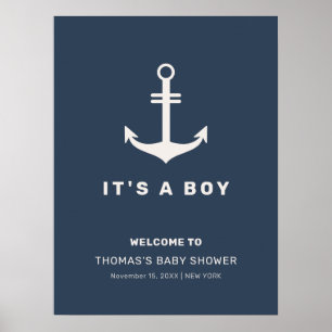 Poster Baby shower d'Ancres bleu Beige Nautique Accueil