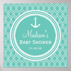 Poster Baby shower d'Ancres nautiques Aqua Turquoise Retr