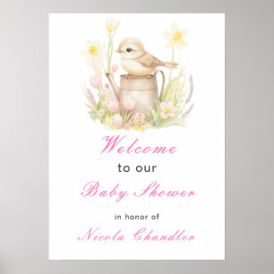 Poster Baby shower d'arrosage des oiseaux de printemps