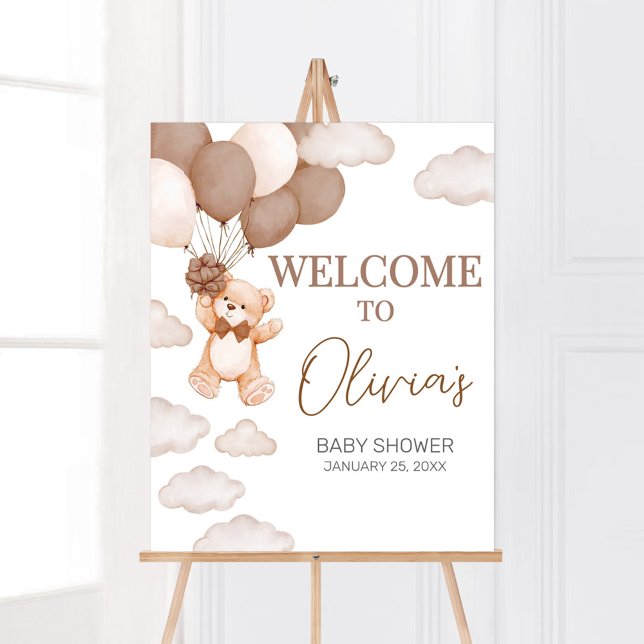 Poster Baby shower d'attente d'ours Brown (Brown Baby Bear Balloon Baby Shower Welcome Sign)