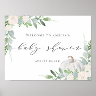 Poster Baby shower d'automne Citrouille blanc Aquarelle B