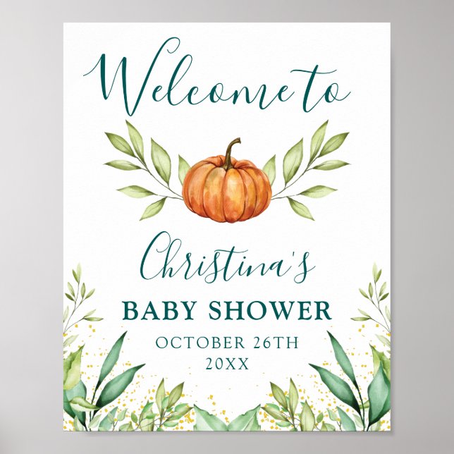 Poster Baby shower d'automne Citrouille de verdure Affich (Devant)