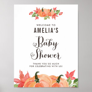 Poster Baby shower d'automne Citrouilles d'aquarelle Bien