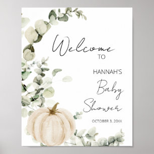 Poster Baby shower d'automne Eucalyptus Citrouille blanc 
