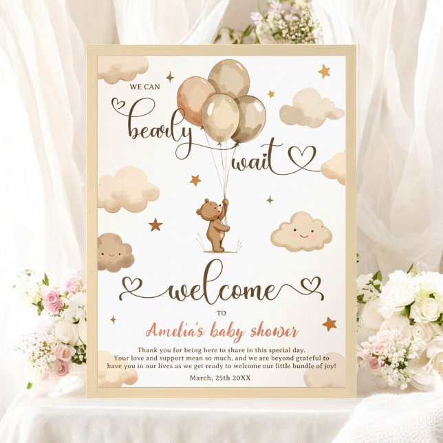 Poster Baby shower de ballon à oreille en peluche neutre  (Bearly Wait Neutral Teddy Bear Balloon Baby Shower Poster)