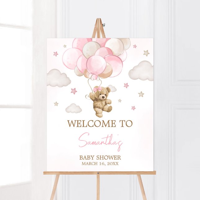 Poster Baby shower de ballon Boho Pink Bear Bienvenue (We Can Bearly Wait Pink Balloon Baby Shower Welcome Sign)