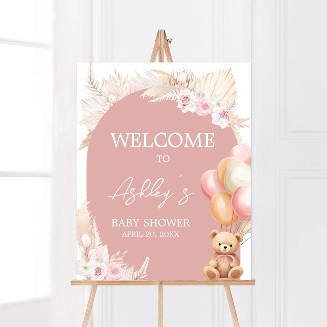 Poster Baby shower de ballon Boho rose Bienvenue (We Can Bearly Wait Baby Shower Welcome Sign)