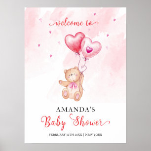 Poster Baby shower de ballon rose Coeur Teddy Bear Bienve