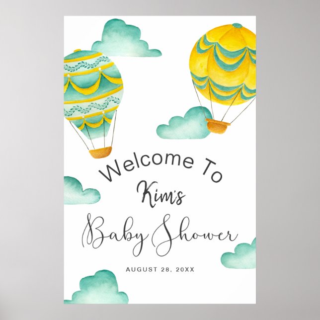 Poster Baby shower de ballons à air chaud Aqua jaune Bien (Devant)
