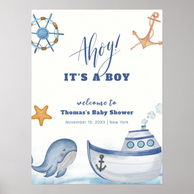 Poster Baby shower de bateau à voile de baleine moderne B (Devant)