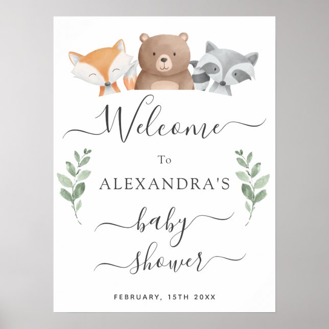 Poster Baby shower de bienvenue de mignons animaux en boi (Devant)