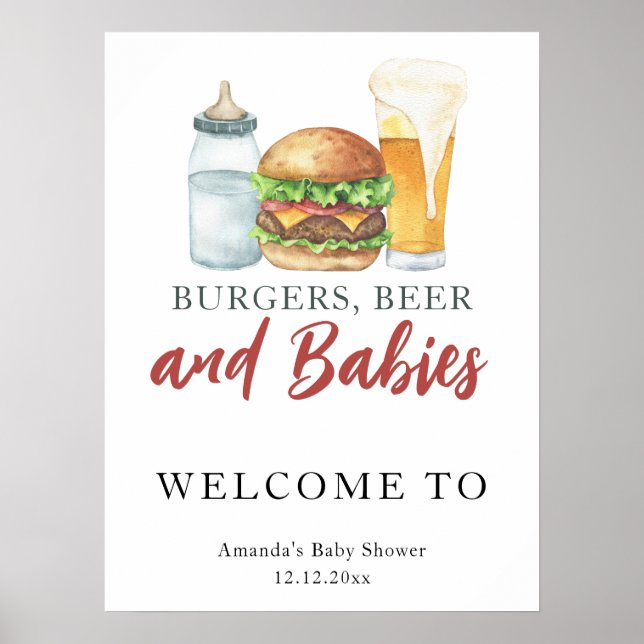 Poster Baby shower de bière et de burgers (Devant)
