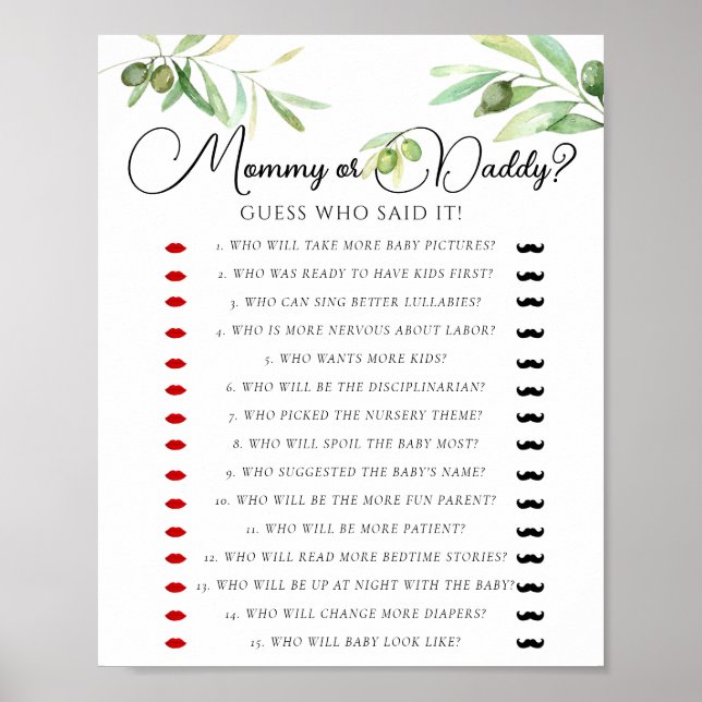 Poster Baby shower De Branche Olive Maman Ou Papa Jeu (Devant)