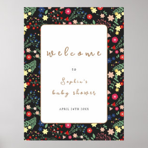 Poster Baby shower de cadre Fleur sauvage noir Bienvenue