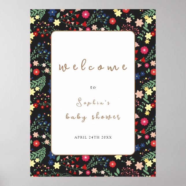 Poster Baby shower de cadre Fleur sauvage noir Bienvenue (Devant)