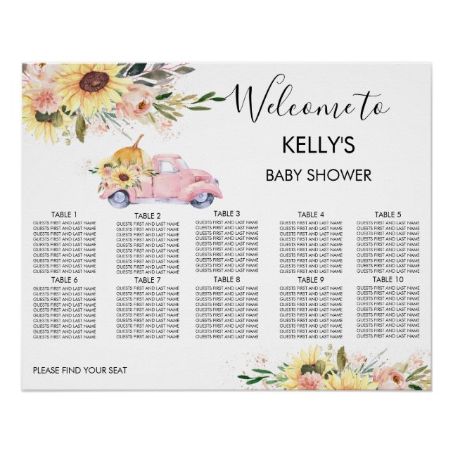 Poster Baby shower de camion Citrouille rose Tableau de s (Devant)