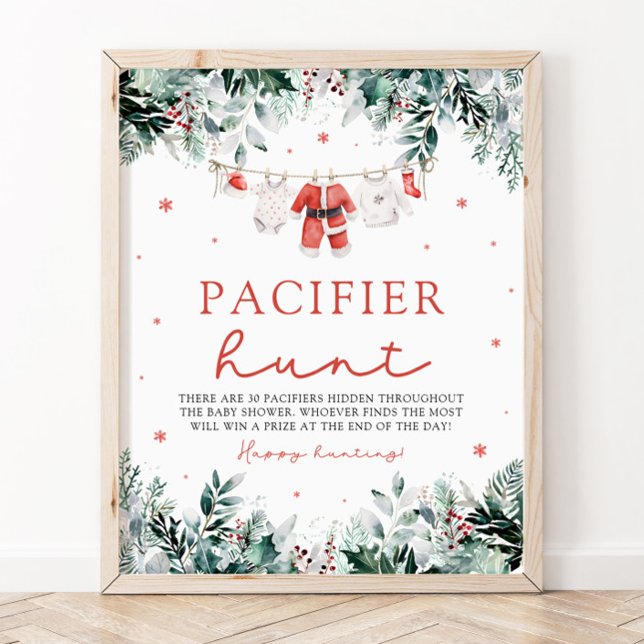 Poster Baby shower de chasse Red Christmas Père Noël Baby (Watercolor Red Christmas Santa Baby Pacifier Hunt Baby Shower Sign)