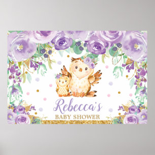 Poster Baby shower de Chouette Florale Violet fond