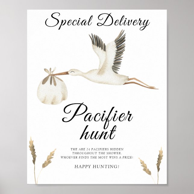 Poster baby shower de cigogne - jeu de chasse à la pacifi (Devant)